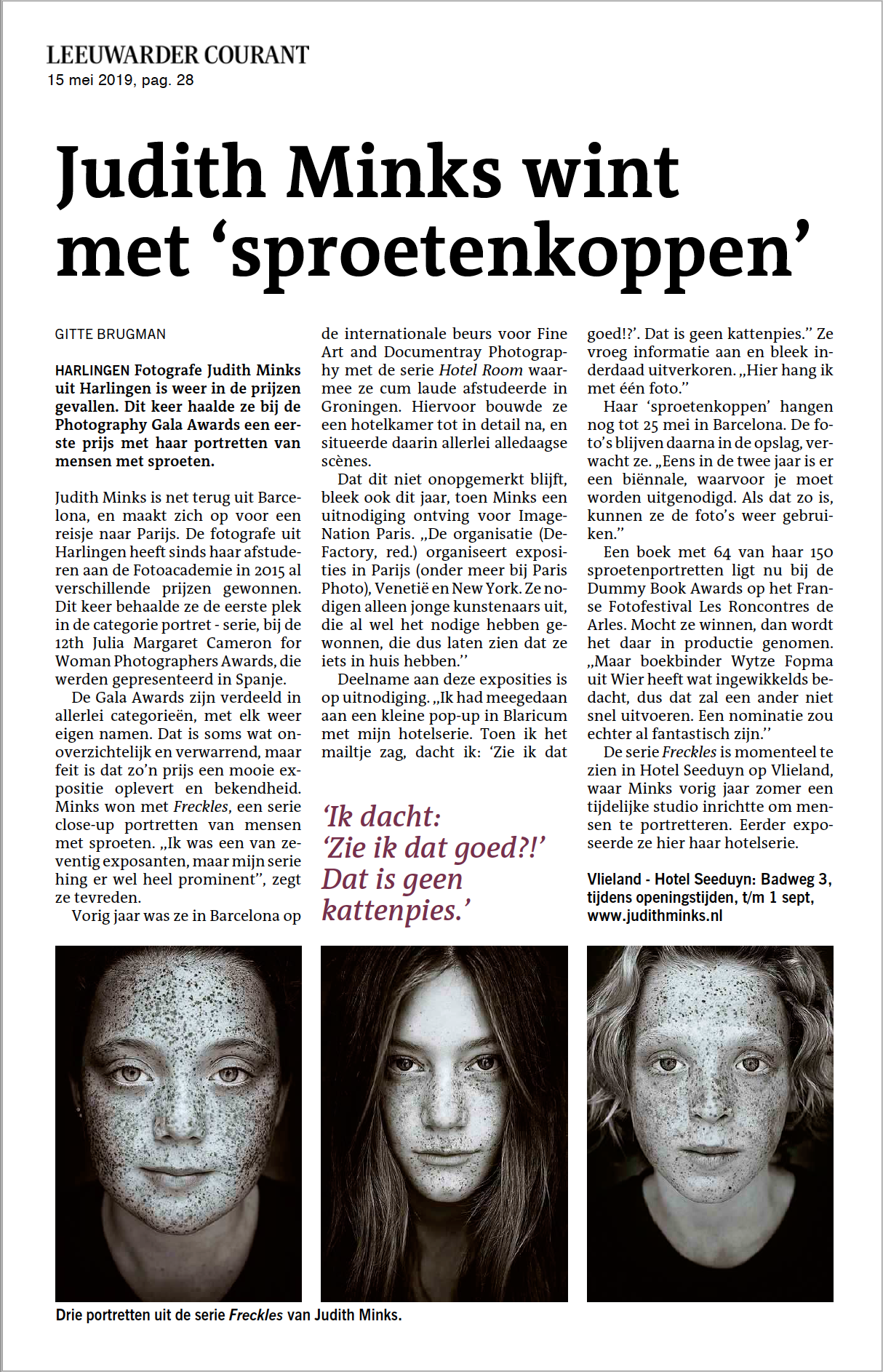 Judith Minks wint met sproetenkoppen - Leeuwarder Courant 15 mei 2019